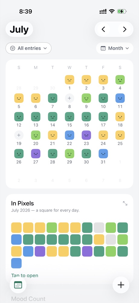 A July calendar in LifeMood with each day coloured by mood, and a Year in Pixels grid below it.